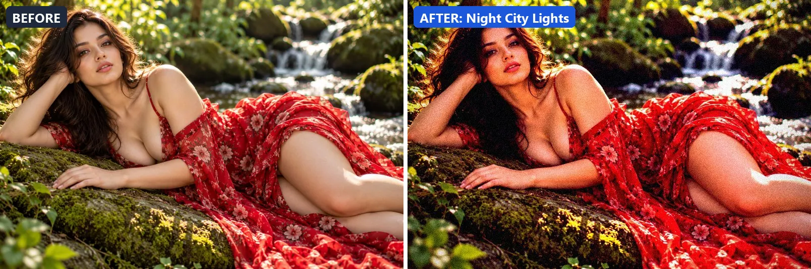 Before and after comparison of the Night City Lights photo filter (Architecture & Urban) on the sample photo