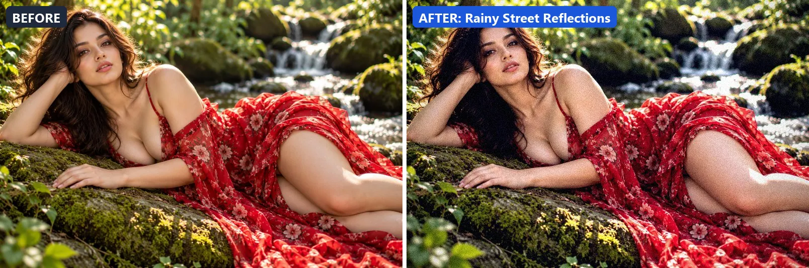 Before and after comparison of the Rainy Street Reflections photo filter (Architecture & Urban) on the sample photo