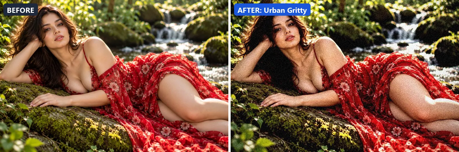 Before and after comparison of the Urban Gritty photo filter (Architecture & Urban) on the sample photo