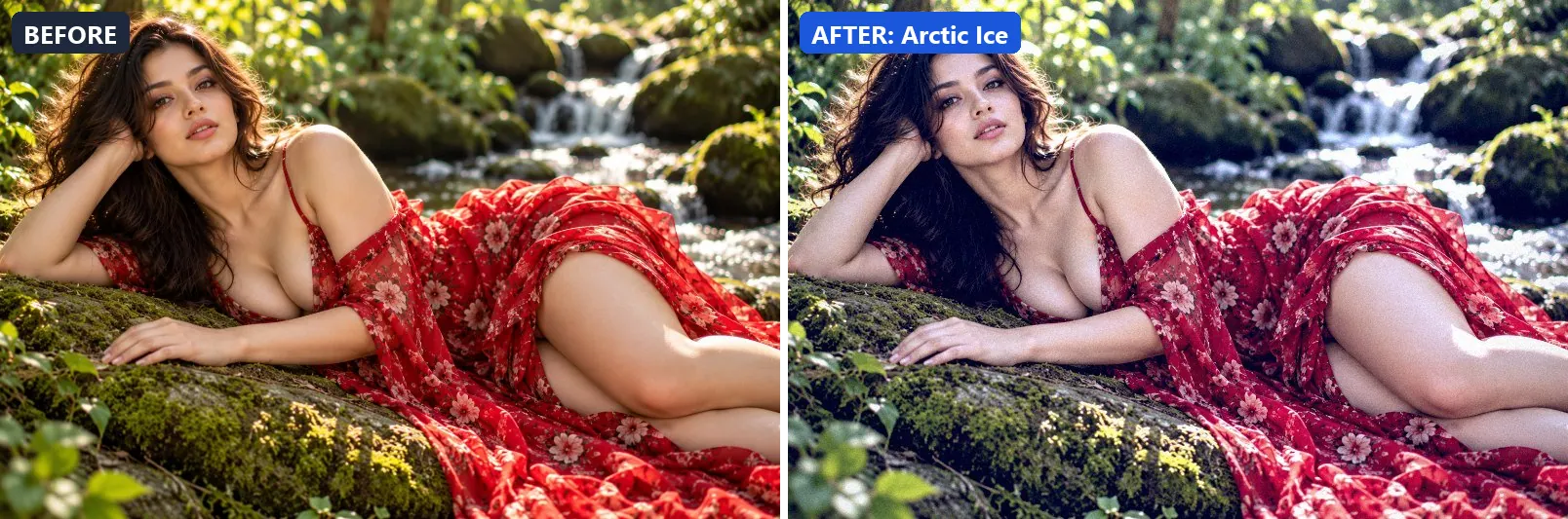 Before and after comparison of the Arctic Ice photo filter (Travel Destinations) on the sample photo