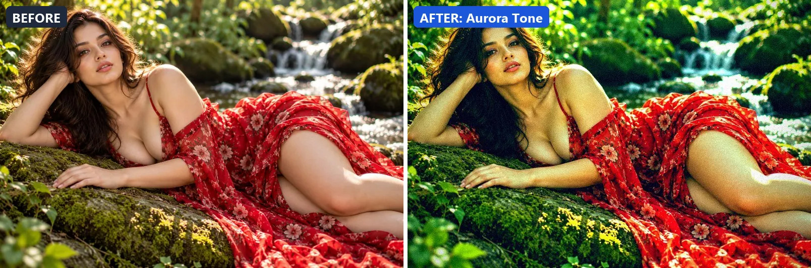Before and after comparison of the Aurora Tone photo filter (Night & Astro) on the sample photo