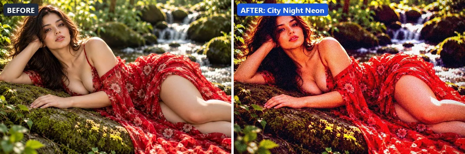 Before and after comparison of the City Night Neon photo filter (Night & Astro) on the sample photo