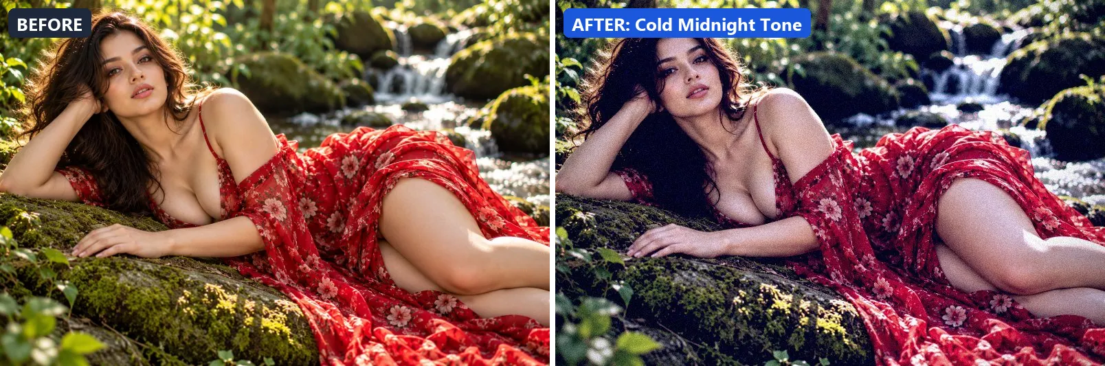 Before and after comparison of the Cold Midnight Tone photo filter (Night & Astro) on the sample photo