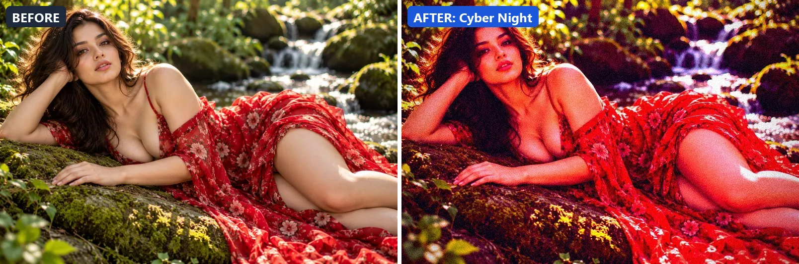 Before and after comparison of the Cyber Night photo filter (Night & Astro) on the sample photo