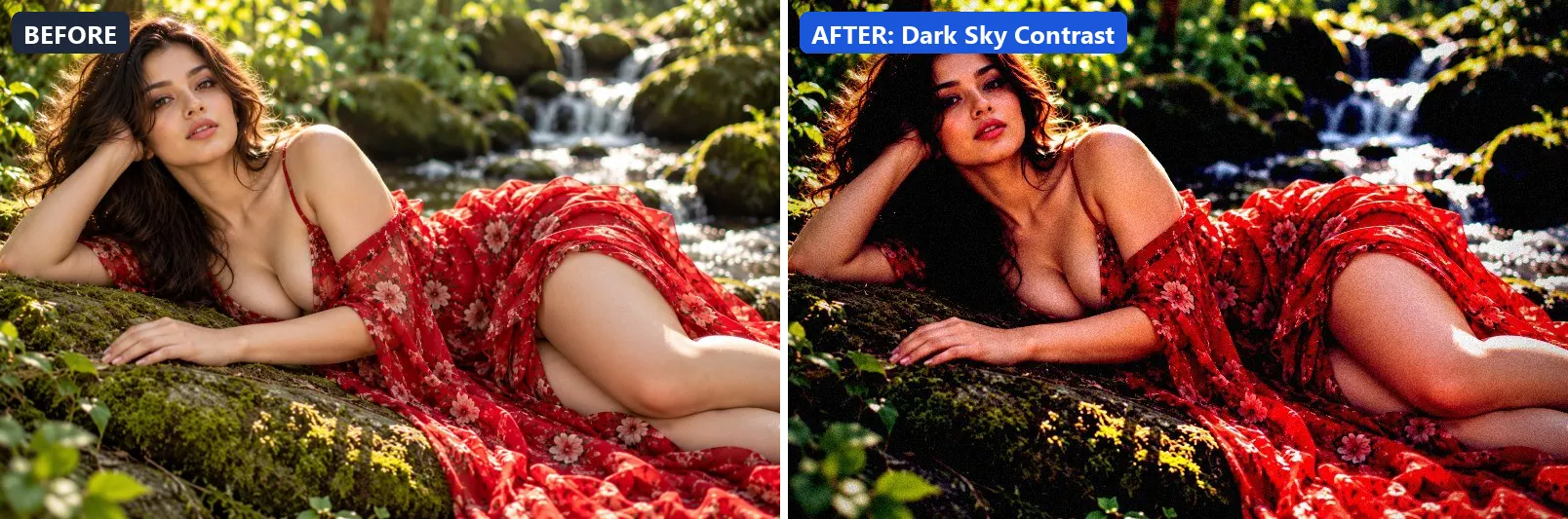 Before and after comparison of the Dark Sky Contrast photo filter (Night & Astro) on the sample photo