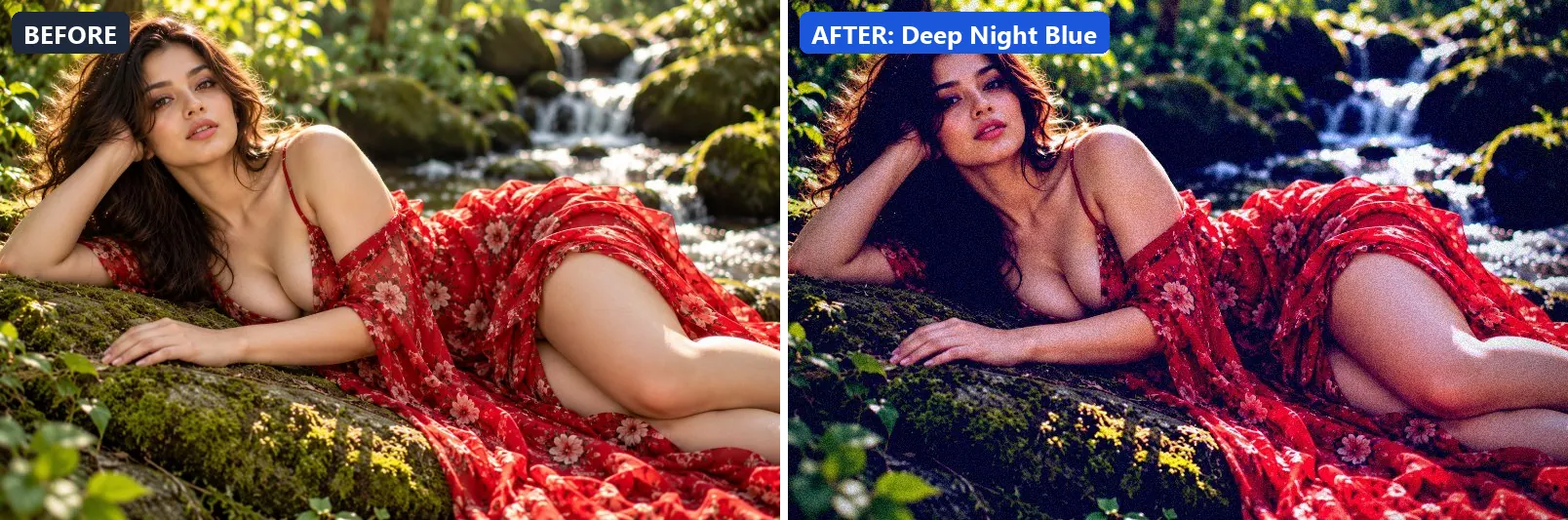 Before and after comparison of the Deep Night Blue photo filter (Night & Astro) on the sample photo