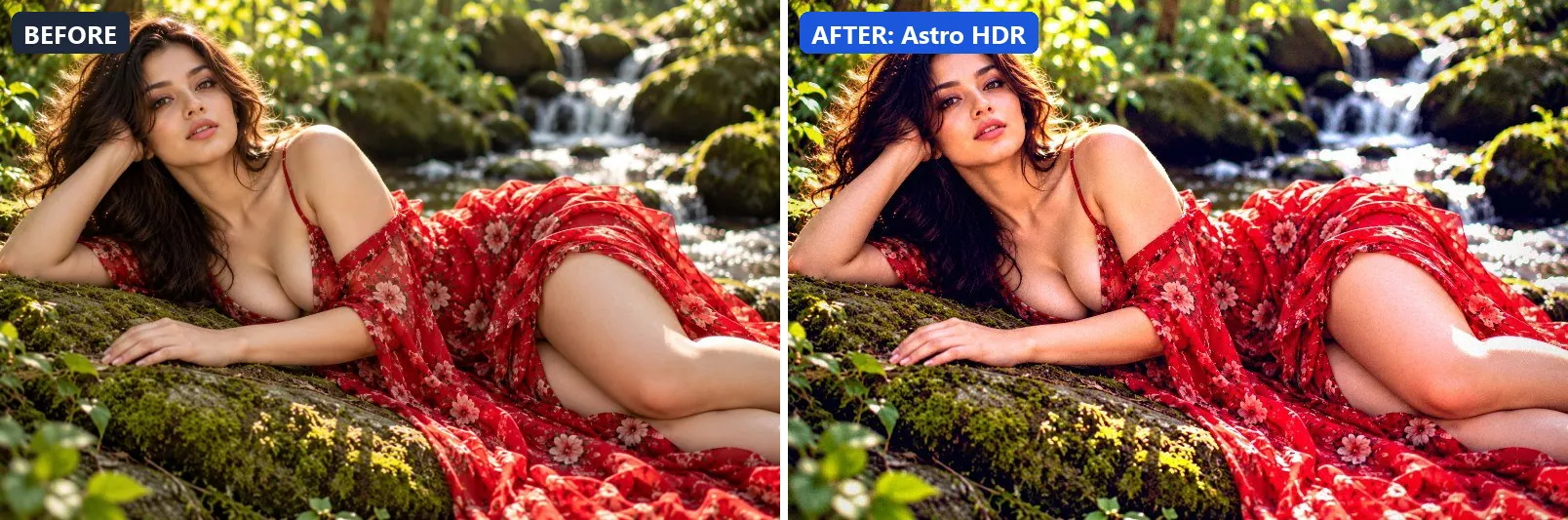Before and after comparison of the Astro HDR photo filter (Night & Astro) on the sample photo