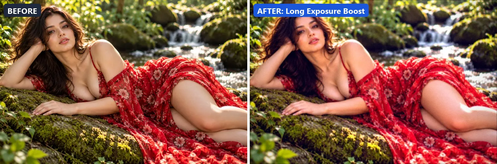 Before and after comparison of the Long Exposure Boost photo filter (Night & Astro) on the sample photo