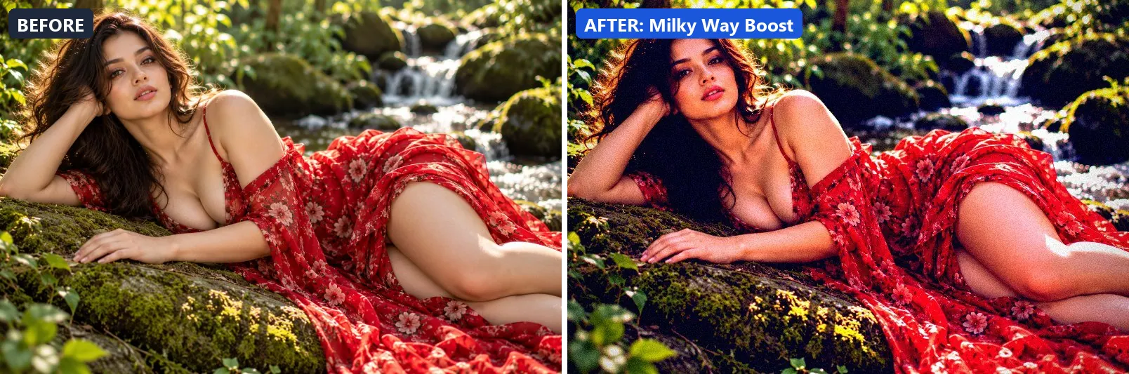 Before and after comparison of the Milky Way Boost photo filter (Night & Astro) on the sample photo