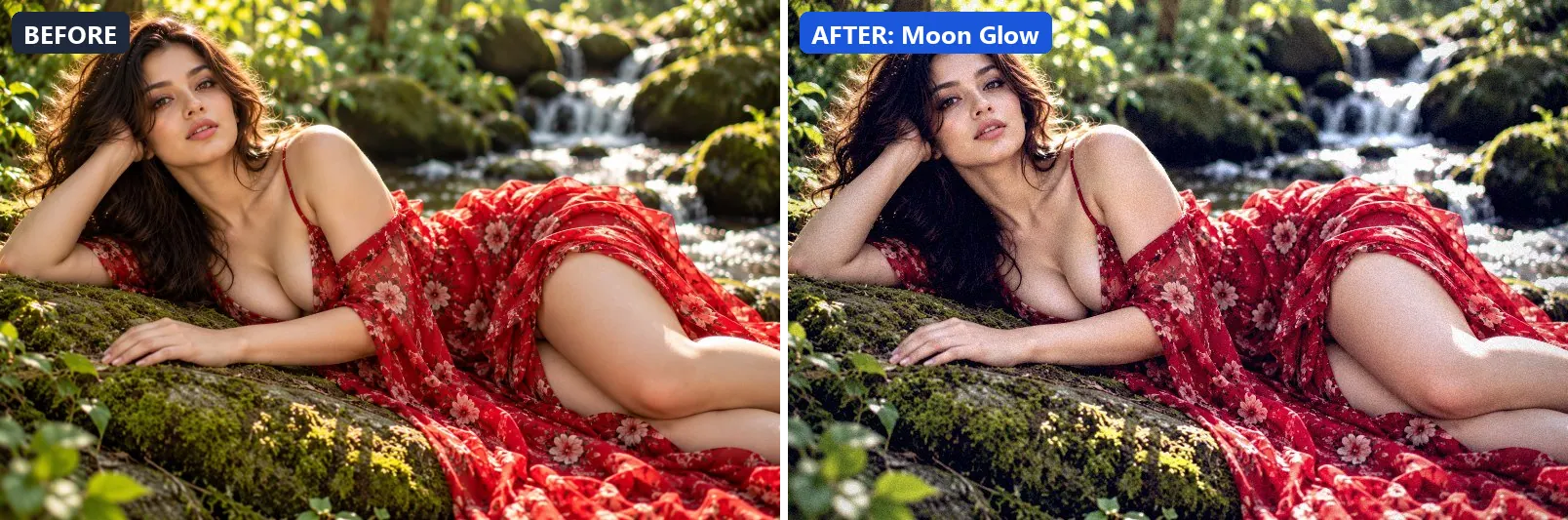Before and after comparison of the Moon Glow photo filter (Night & Astro) on the sample photo
