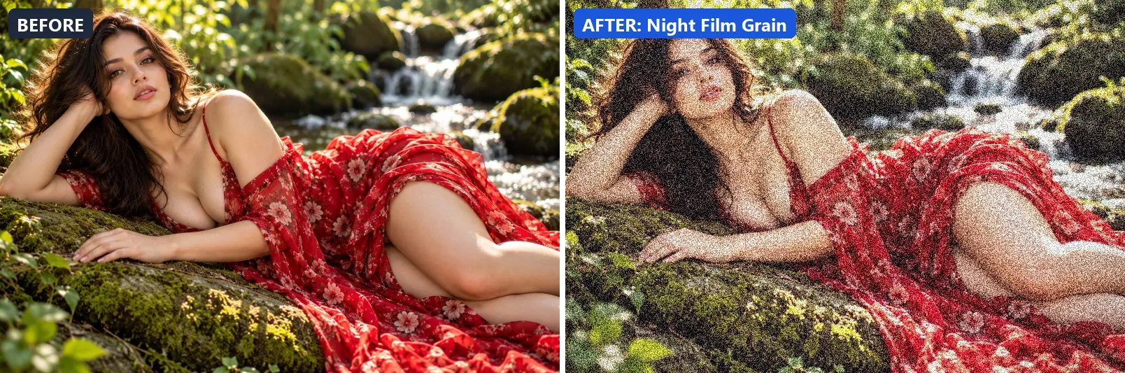 Before and after comparison of the Night Film Grain photo filter (Night & Astro) on the sample photo