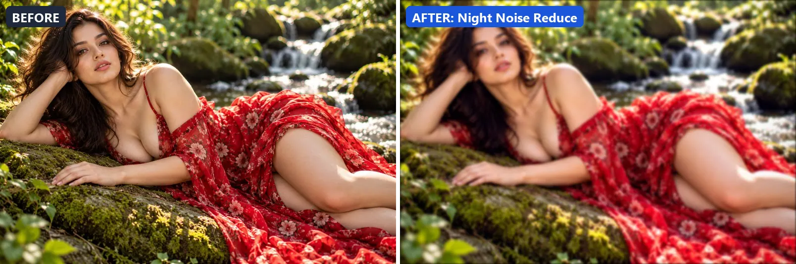 Before and after comparison of the Night Noise Reduce photo filter (Night & Astro) on the sample photo