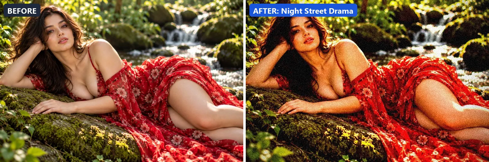Before and after comparison of the Night Street Drama photo filter (Night & Astro) on the sample photo