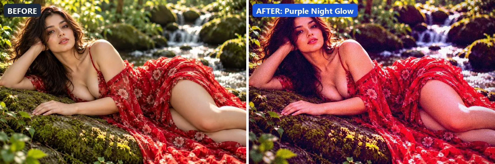 Before and after comparison of the Purple Night Glow photo filter (Night & Astro) on the sample photo