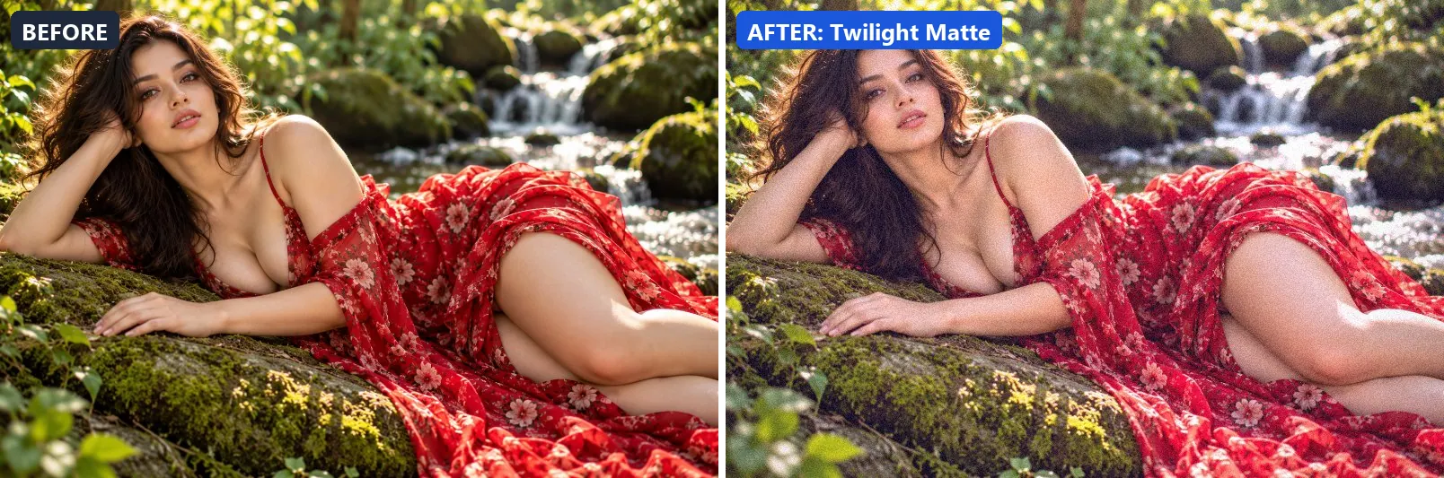 Before and after comparison of the Twilight Matte photo filter (Night & Astro) on the sample photo