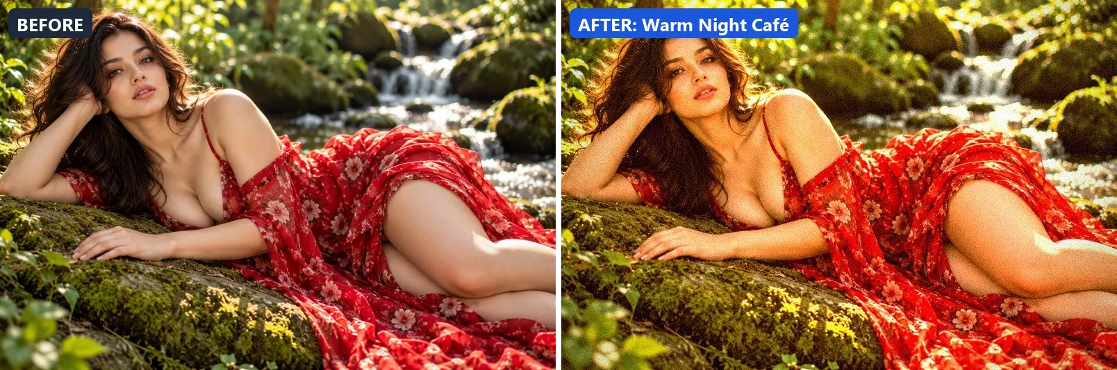 Before and after comparison of the Warm Night Café photo filter (Night & Astro) on the sample photo