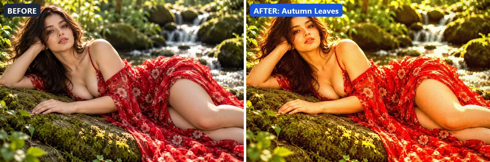 Before and after comparison of the Autumn Leaves photo filter (Atmosphere) on the sample photo