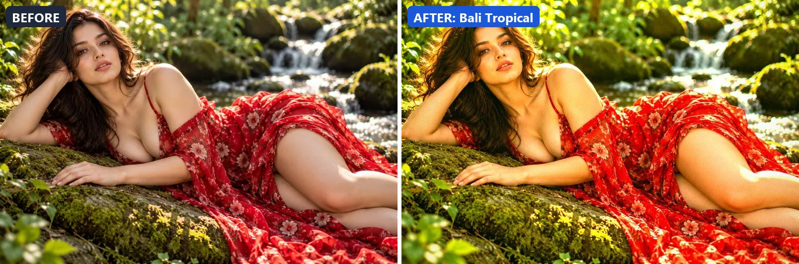 Before and after comparison of the Bali Tropical photo filter (Travel Destinations) on the sample photo