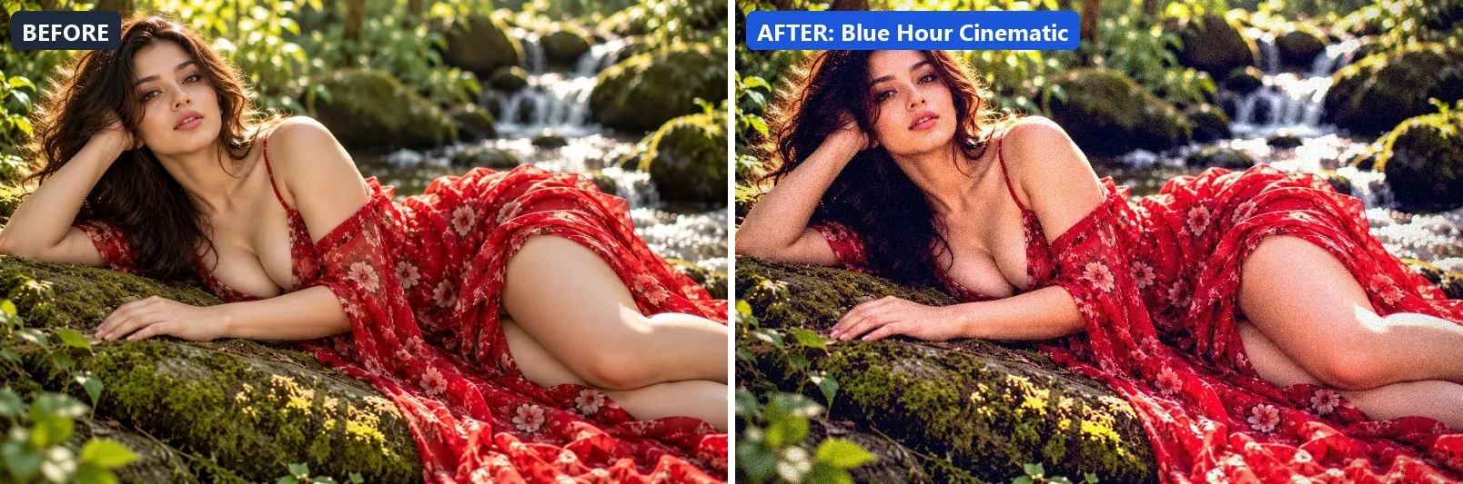 Before and after comparison of the Blue Hour Cinematic photo filter (Cinematic) on the sample photo