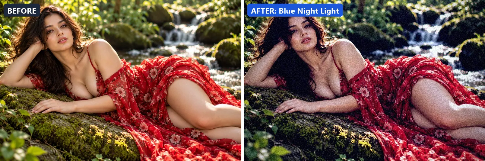 Before and after comparison of the Blue Night Light photo filter (Lighting Effects) on the sample photo