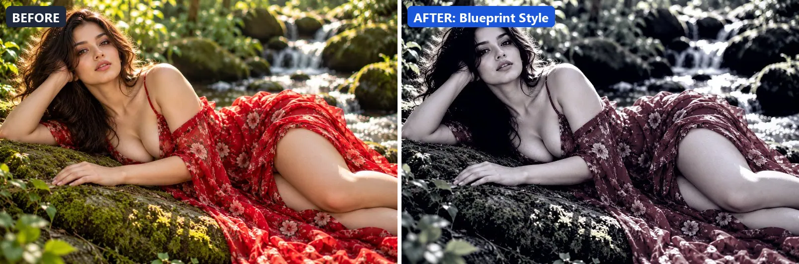 Before and after comparison of the Blueprint Style photo filter (Artistic Styles) on the sample photo