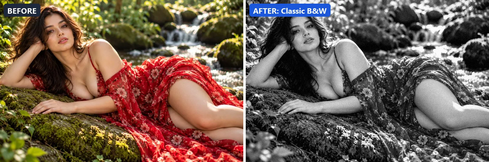 Before and after comparison of the Classic B&W photo filter (Black & White) on the sample photo