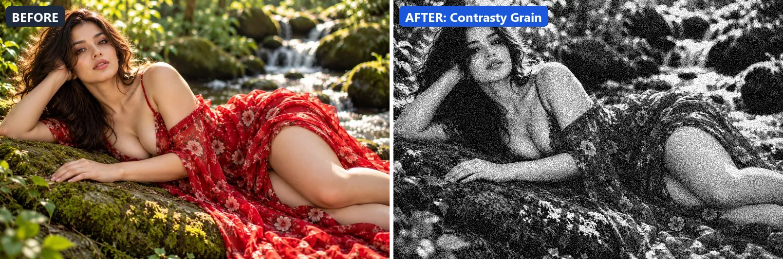 Before and after comparison of the Contrasty Grain photo filter (Black & White) on the sample photo