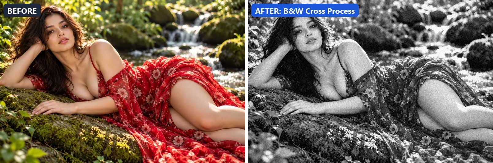 Before and after comparison of the B&W Cross Process photo filter (Black & White) on the sample photo