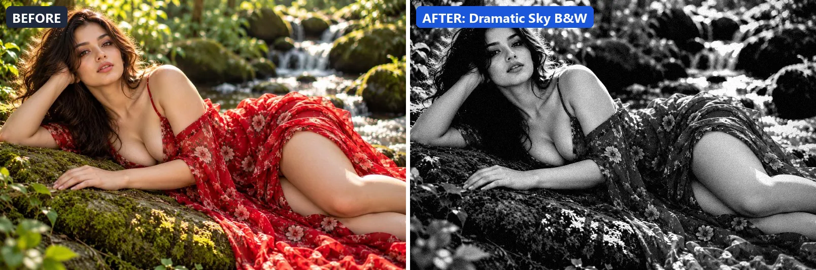 Before and after comparison of the Dramatic Sky B&W photo filter (Black & White) on the sample photo