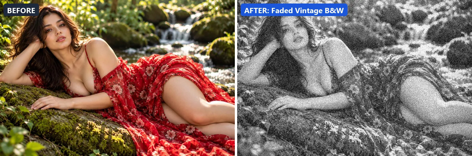 Before and after comparison of the Faded Vintage B&W photo filter (Black & White) on the sample photo