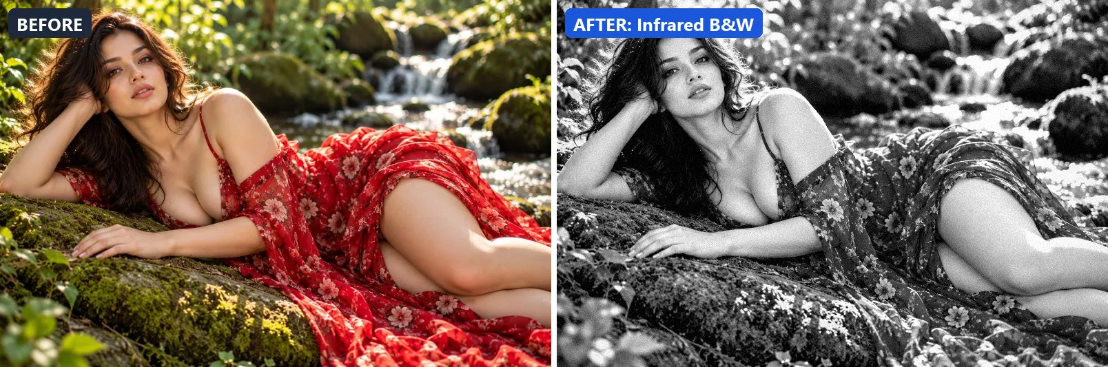 Before and after comparison of the Infrared B&W photo filter (Black & White) on the sample photo