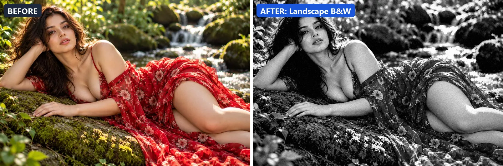 Before and after comparison of the Landscape B&W photo filter (Black & White) on the sample photo