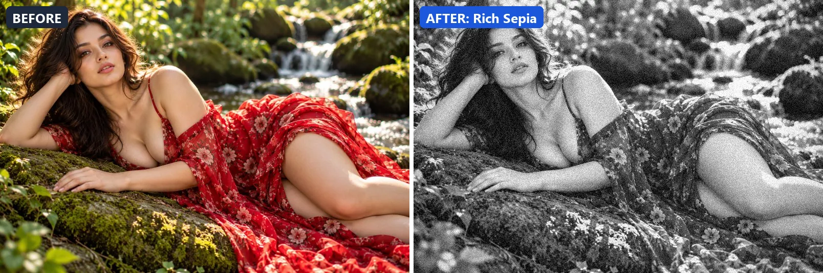 Before and after comparison of the Rich Sepia photo filter (Black & White) on the sample photo