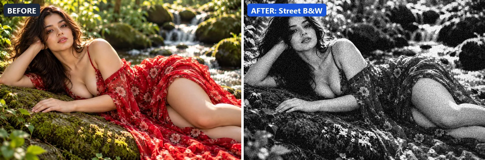 Before and after comparison of the Street B&W photo filter (Black & White) on the sample photo