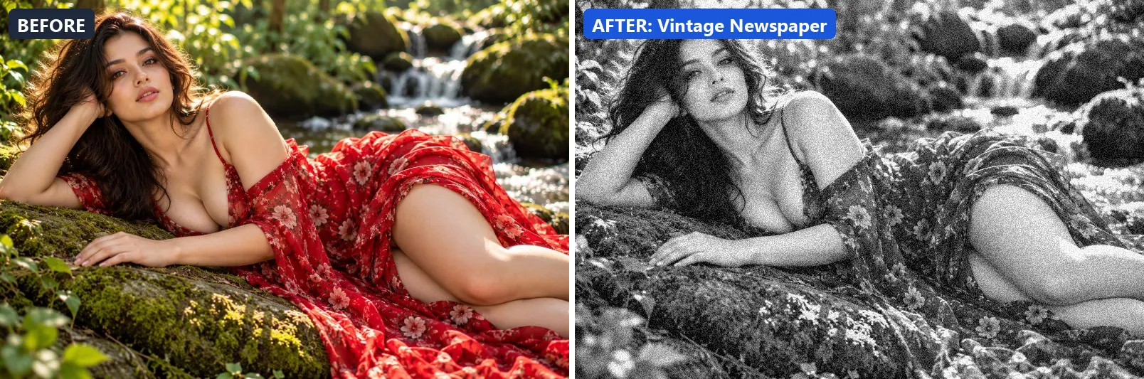 Before and after comparison of the Vintage Newspaper photo filter (Black & White) on the sample photo