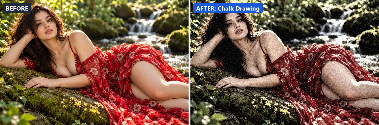 Before and after comparison of the Chalk Drawing photo filter (Artistic Styles) on the sample photo