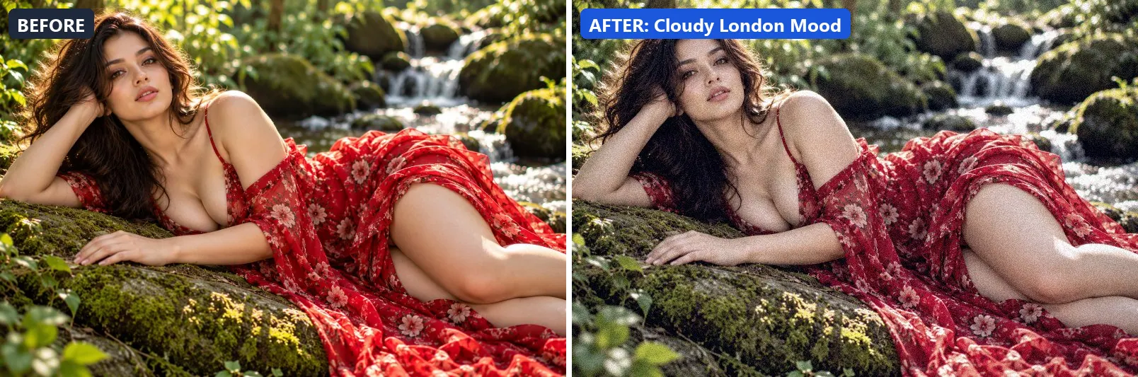 Before and after comparison of the Cloudy London Mood photo filter (Cinematic) on the sample photo