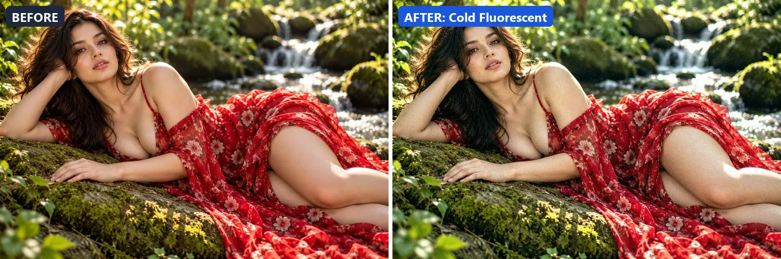 Before and after comparison of the Cold Fluorescent photo filter (Lighting Effects) on the sample photo