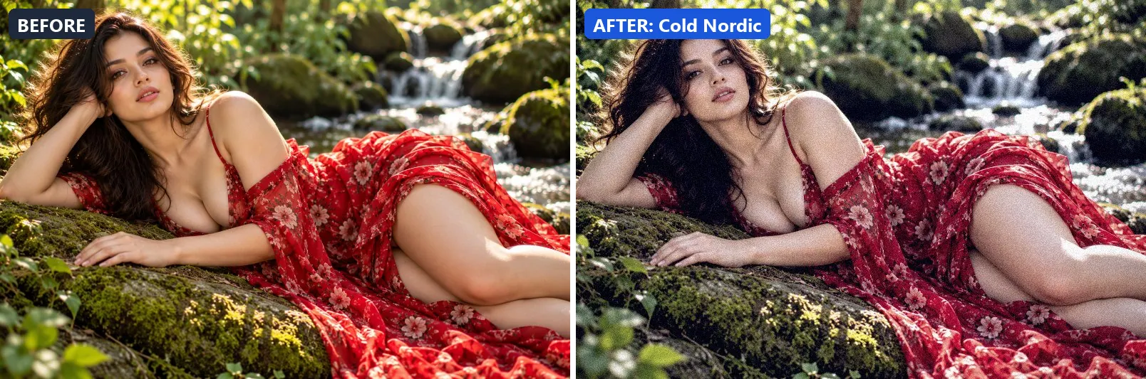 Before and after comparison of the Cold Nordic photo filter (Cinematic) on the sample photo