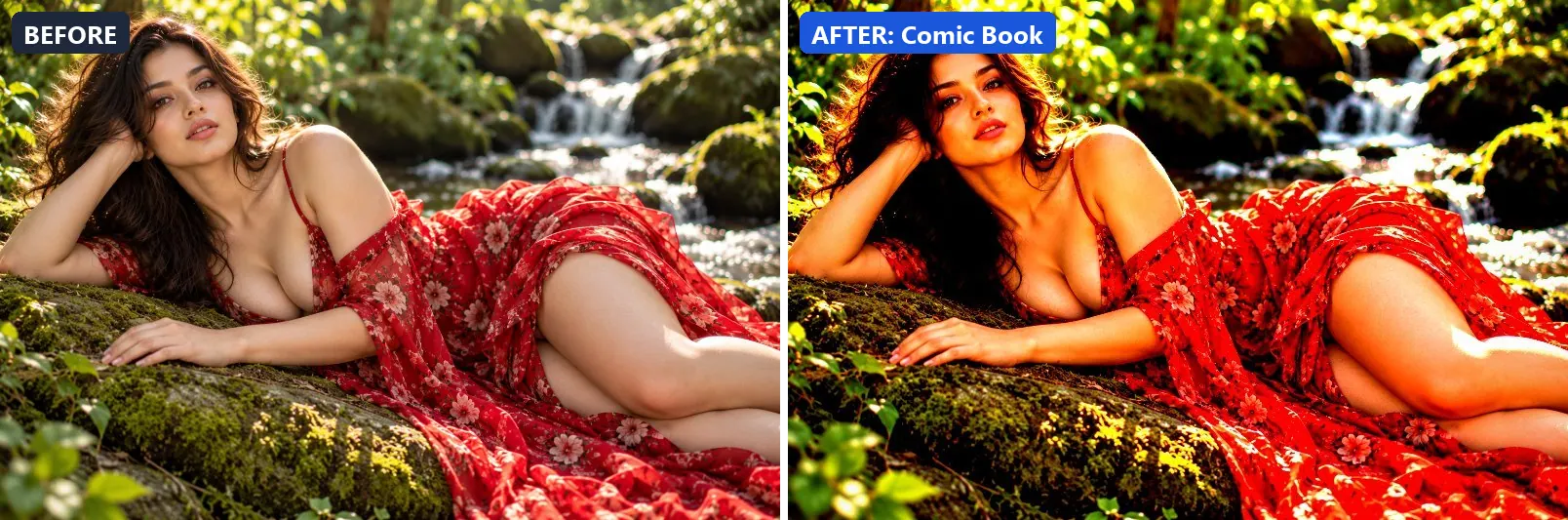 Before and after comparison of the Comic Book photo filter (Artistic Styles) on the sample photo