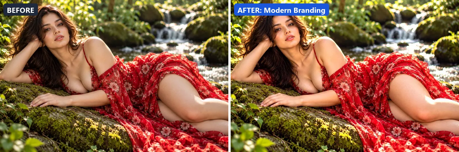 Before and after comparison of the Modern Branding photo filter (Corporate) on the sample photo