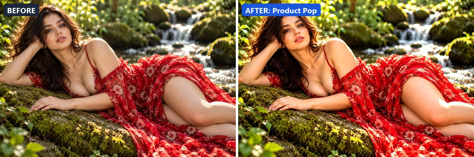 Before and after comparison of the Product Pop photo filter (Corporate) on the sample photo