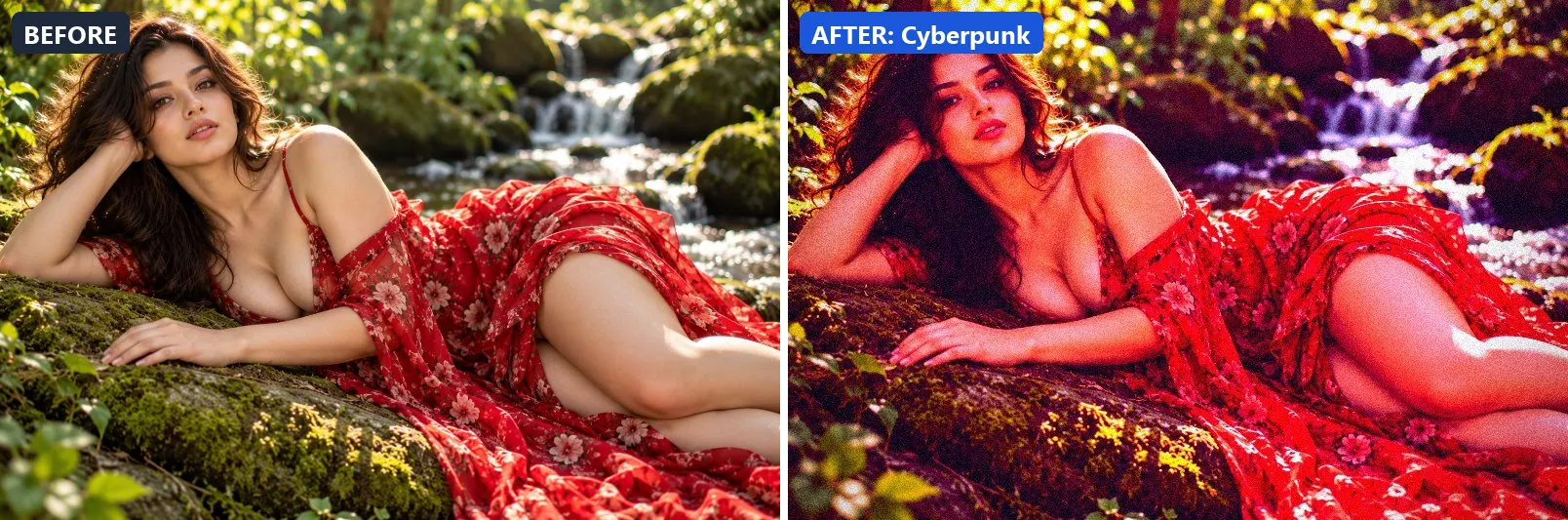 Before and after comparison of the Cyberpunk photo filter (Artistic Styles) on the sample photo