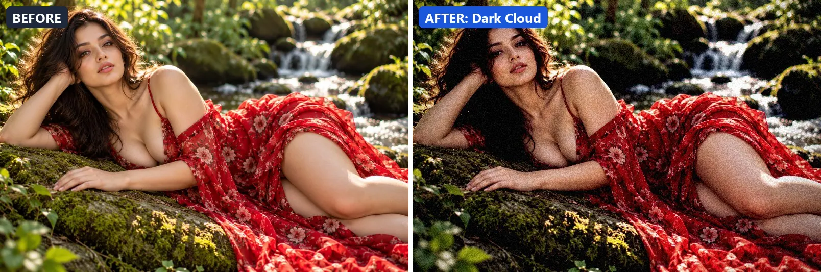 Before and after comparison of the Dark Cloud photo filter (Atmosphere) on the sample photo