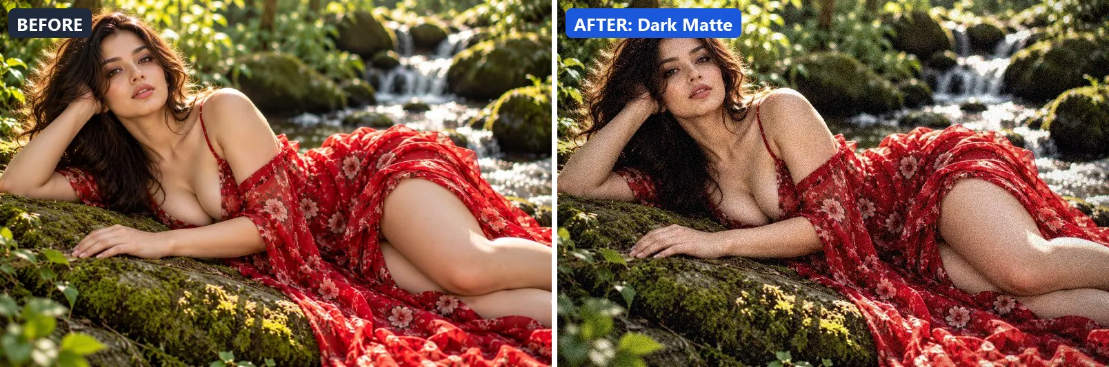 Before and after comparison of the Dark Matte photo filter (Artistic Styles) on the sample photo