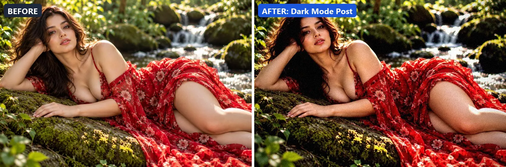 Before and after comparison of the Dark Mode Post photo filter (Social Media) on the sample photo