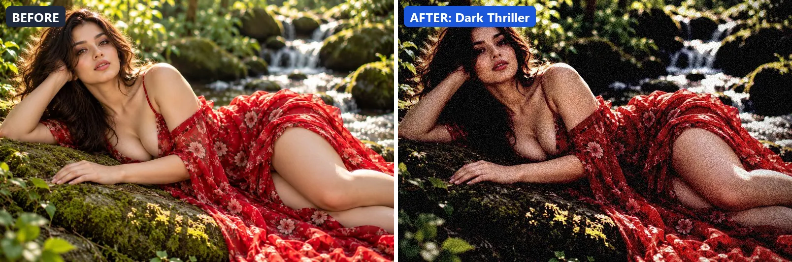 Before and after comparison of the Dark Thriller photo filter (Cinematic) on the sample photo