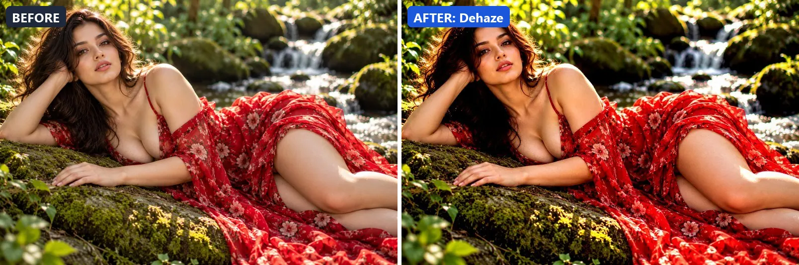 Before and after comparison of the Dehaze photo filter (Clarity & Detail) on the sample photo