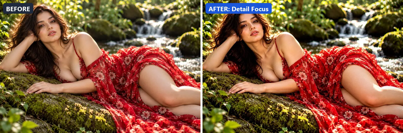 Before and after comparison of the Detail Focus photo filter (Clarity & Detail) on the sample photo