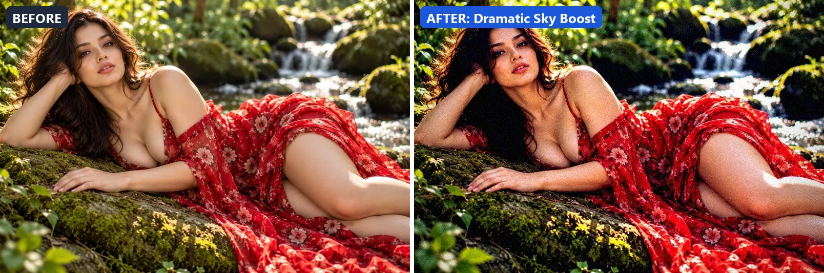 Before and after comparison of the Dramatic Sky Boost photo filter (Cinematic) on the sample photo